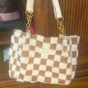 Fashionable Brown and White Checkered Bag